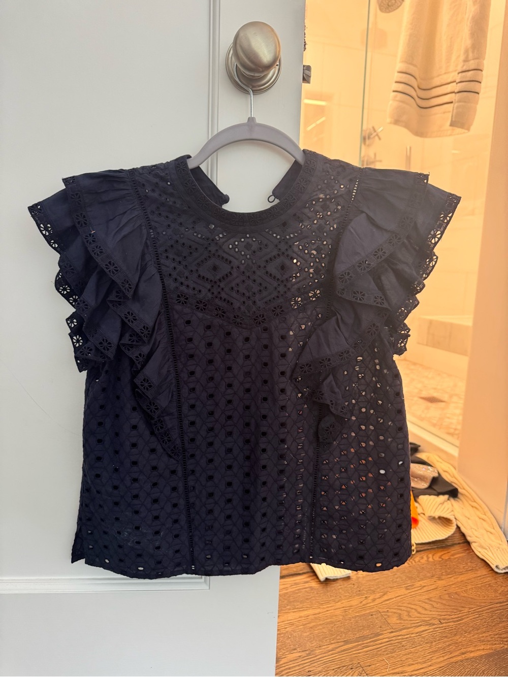 Eyelet Ruffle Veronica beard navy top